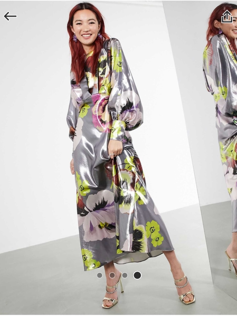 ASOS EDITION blouson sleeve midi dress in silver metallic floral print